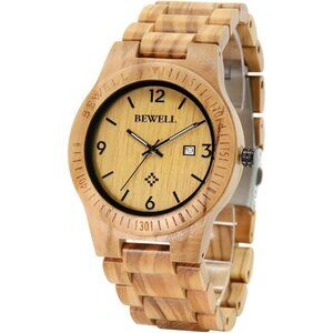 🆕Bewell Analog Quartz Men Cream Wooden Handmade Movement Lightweight Watches